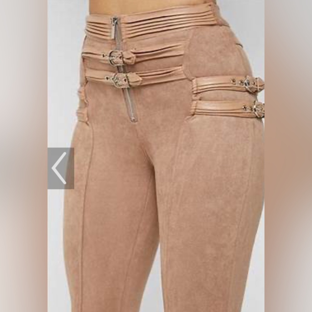 Maniere de Voir - High-Waist Suede-Look Tan Leggings with Buckle Detail